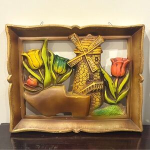 Vintage 70's Chalkware Wall Plaque - Dutch Theme Tulips Windmill Wooden Shoe MCM